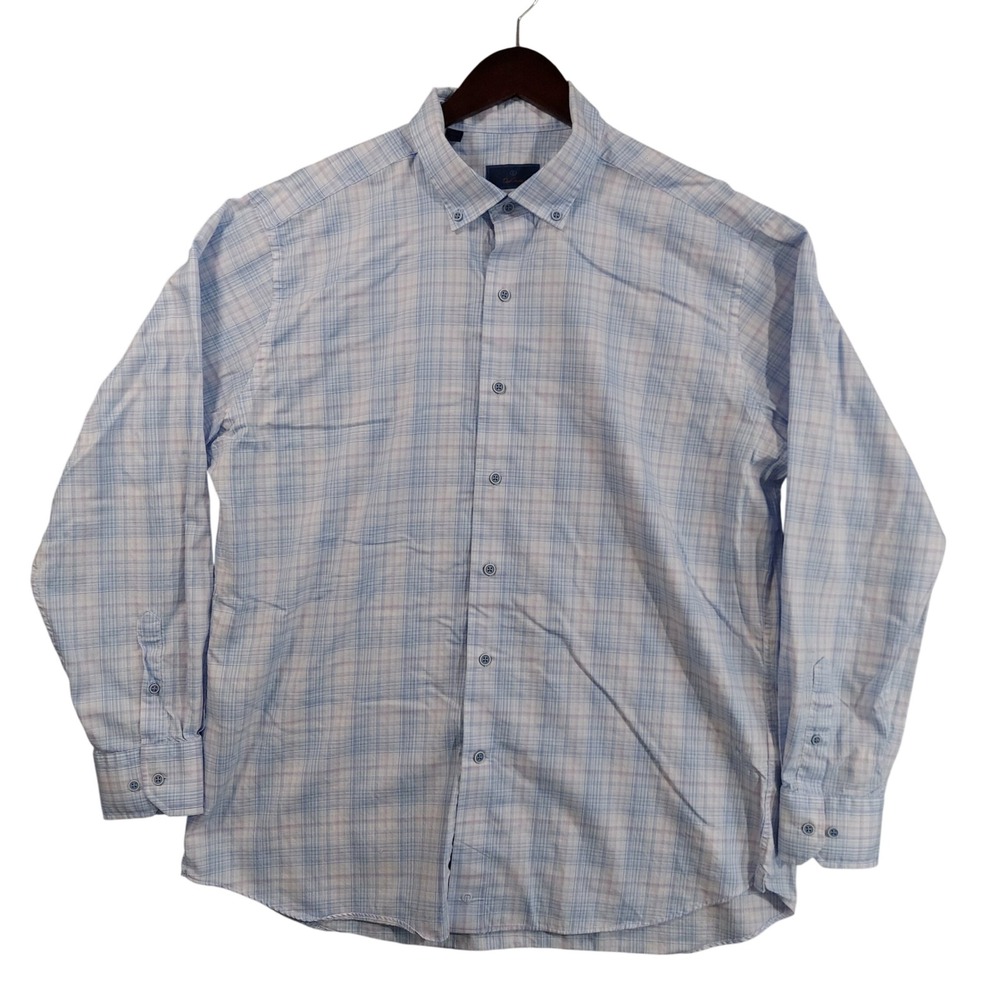David Donahue Button Down Shirt Mens XL Blue Purple Plaid Long Sleeve Classic